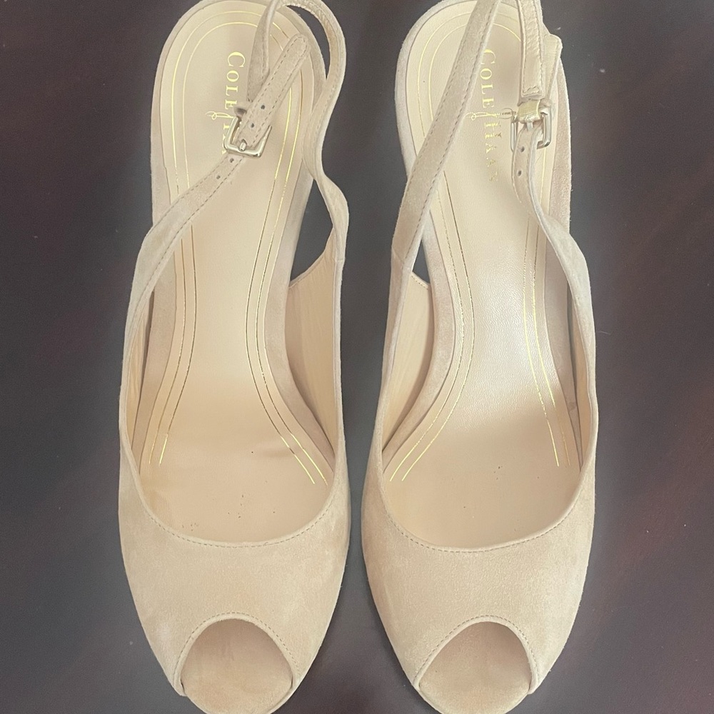 Cole Haan Tan Slingback Peep-Toe Heels